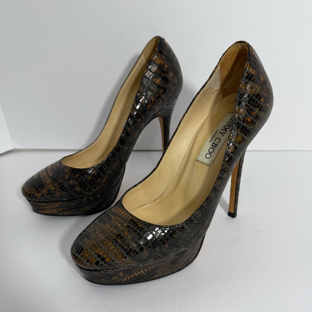 Jimmy Choo-Brown/Gold, Lizard Embossed, Anthracite, Platform, Pump/Heel. Sz-37.5 - Picture 3 of 11